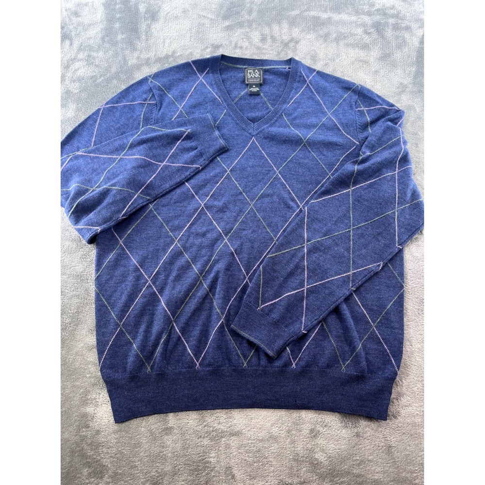 Jos. A. Bank Traveler Mens XXL Navy Blue Argyle 100% Merino Wool V-Neck Sweater